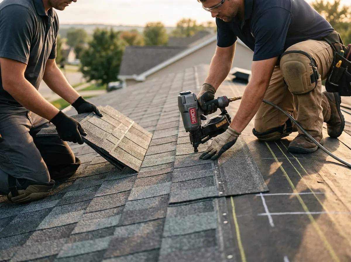 Professional roofer working on a residential roof in Tolland